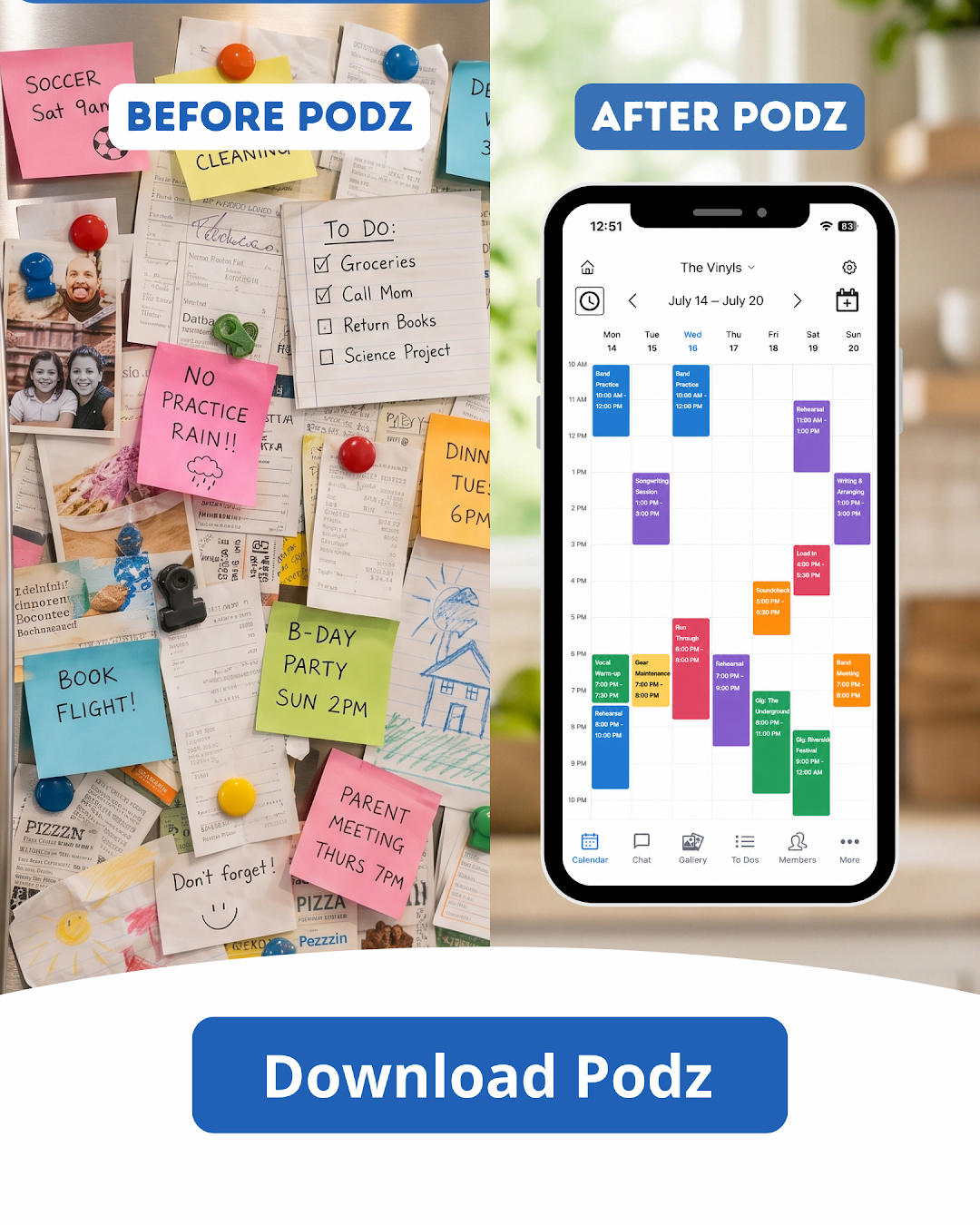 Podz: Family & Group Organizer Facebook ad: One app for your whole crew, calendars, chat…