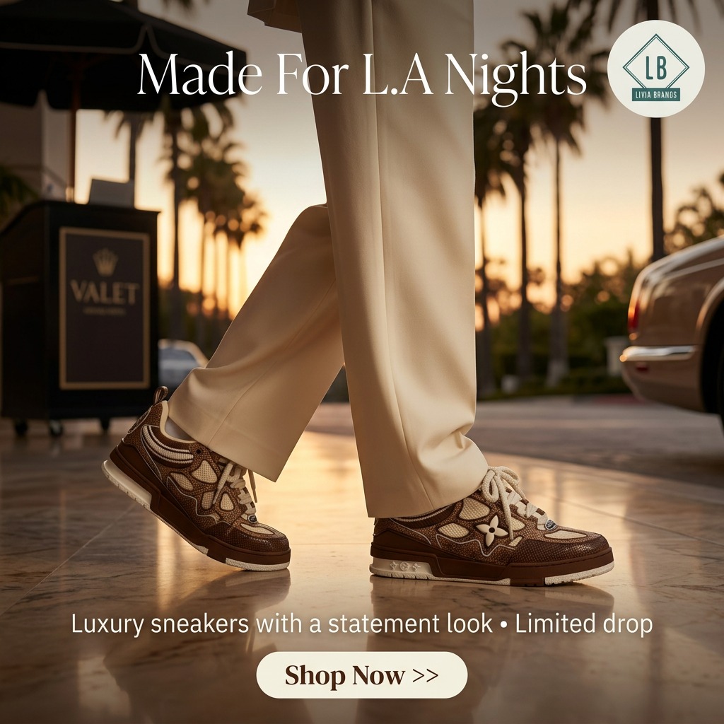 Livia brands Facebook ad: Luxury streetwear, clean design, and statement sneakers…