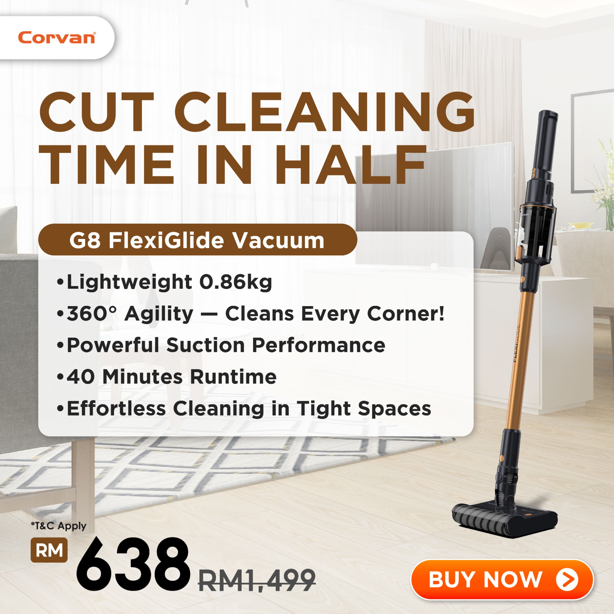 Corvan Facebook ad: 360° Glide. Dual Brush. No Heavy Lifting.