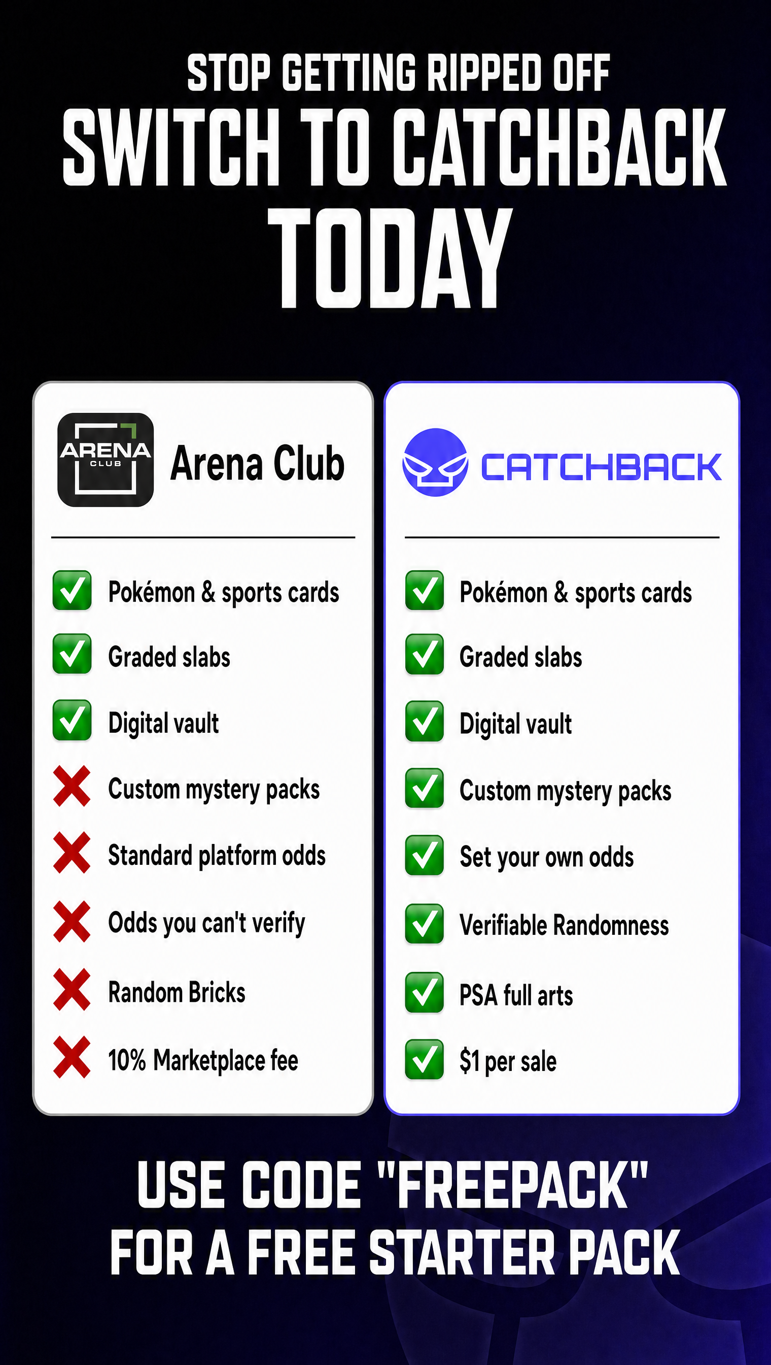 CatchBack Cards Facebook ad: Catchback Cards, rip digital packs with guaranteed buyback.