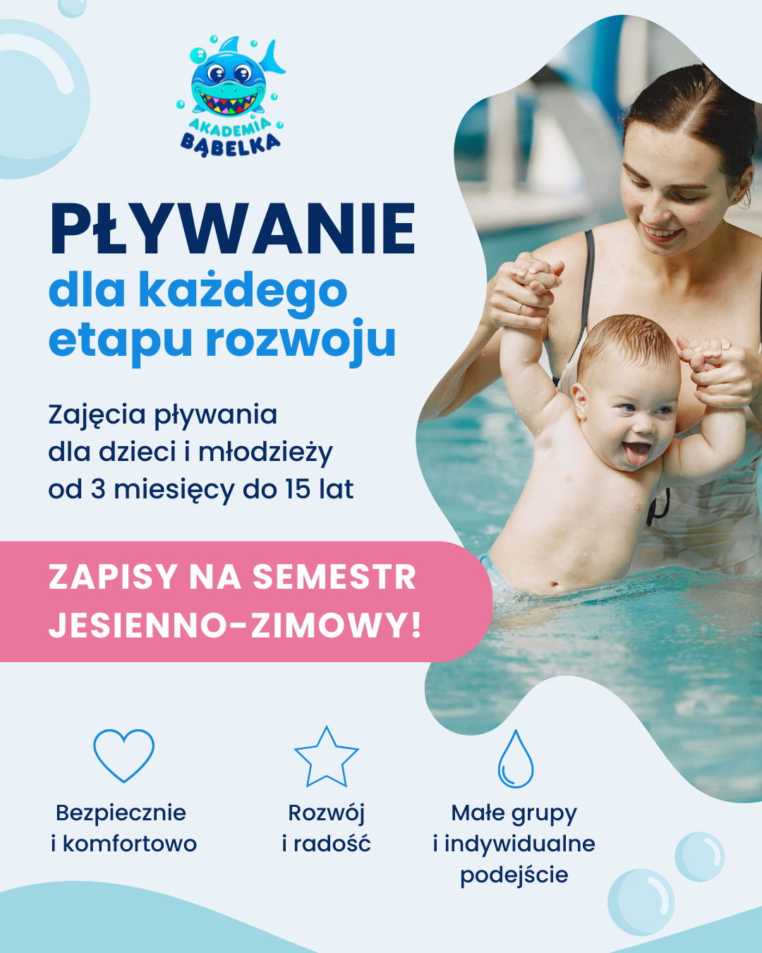 Akademia Bąbelka Facebook ad: Szukasz zajęć pływania dla dziecka?