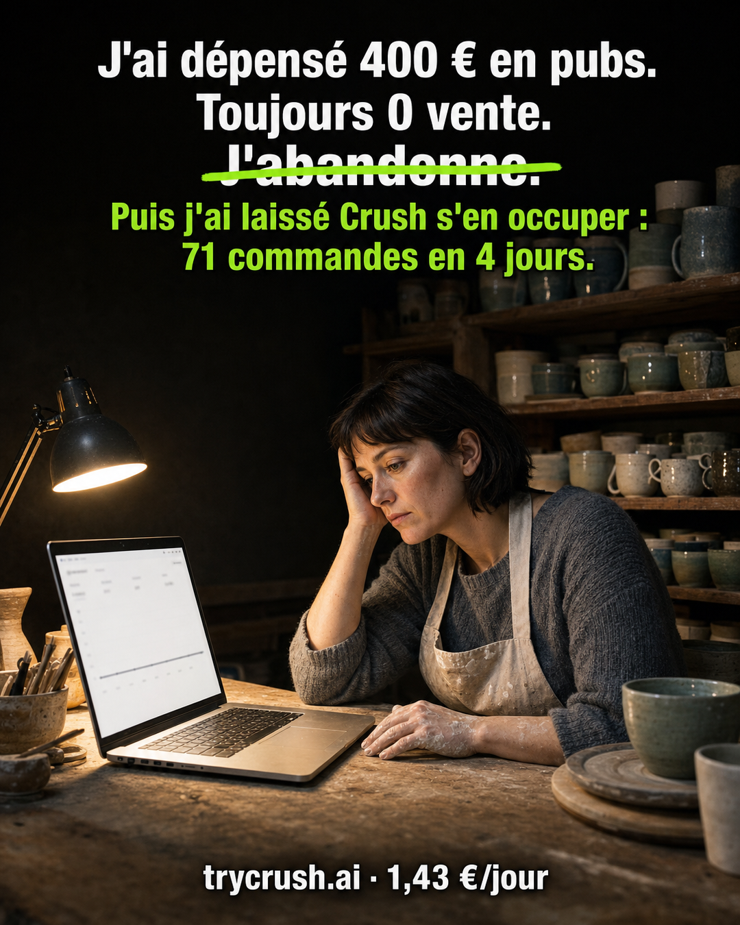 trycrush.ai Facebook ad: 400 € dépensés en pubs. Toujours 0 vente.