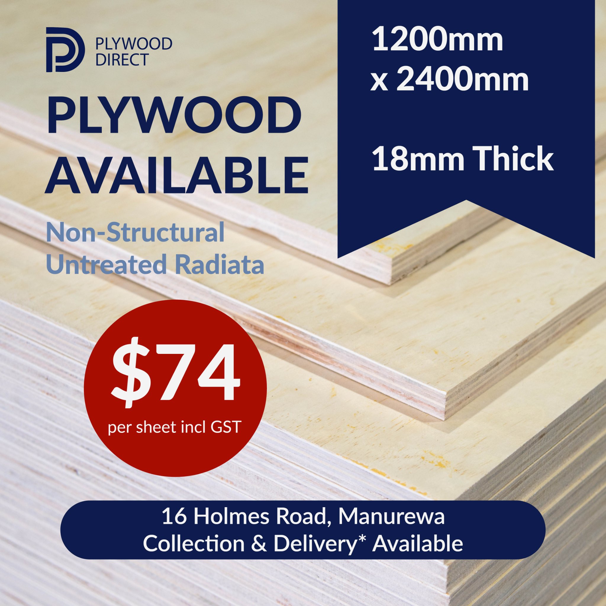Thomas Clow Facebook ad: 18mm Radiata Untreated Plywood, 2400mm x 1200mm