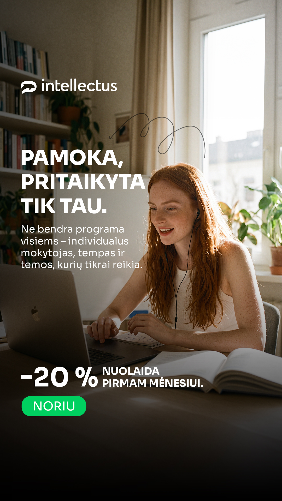 Anglų kalbos mokykla Intellectus Facebook ad: 20% nuolaida pirmam mėnesiui