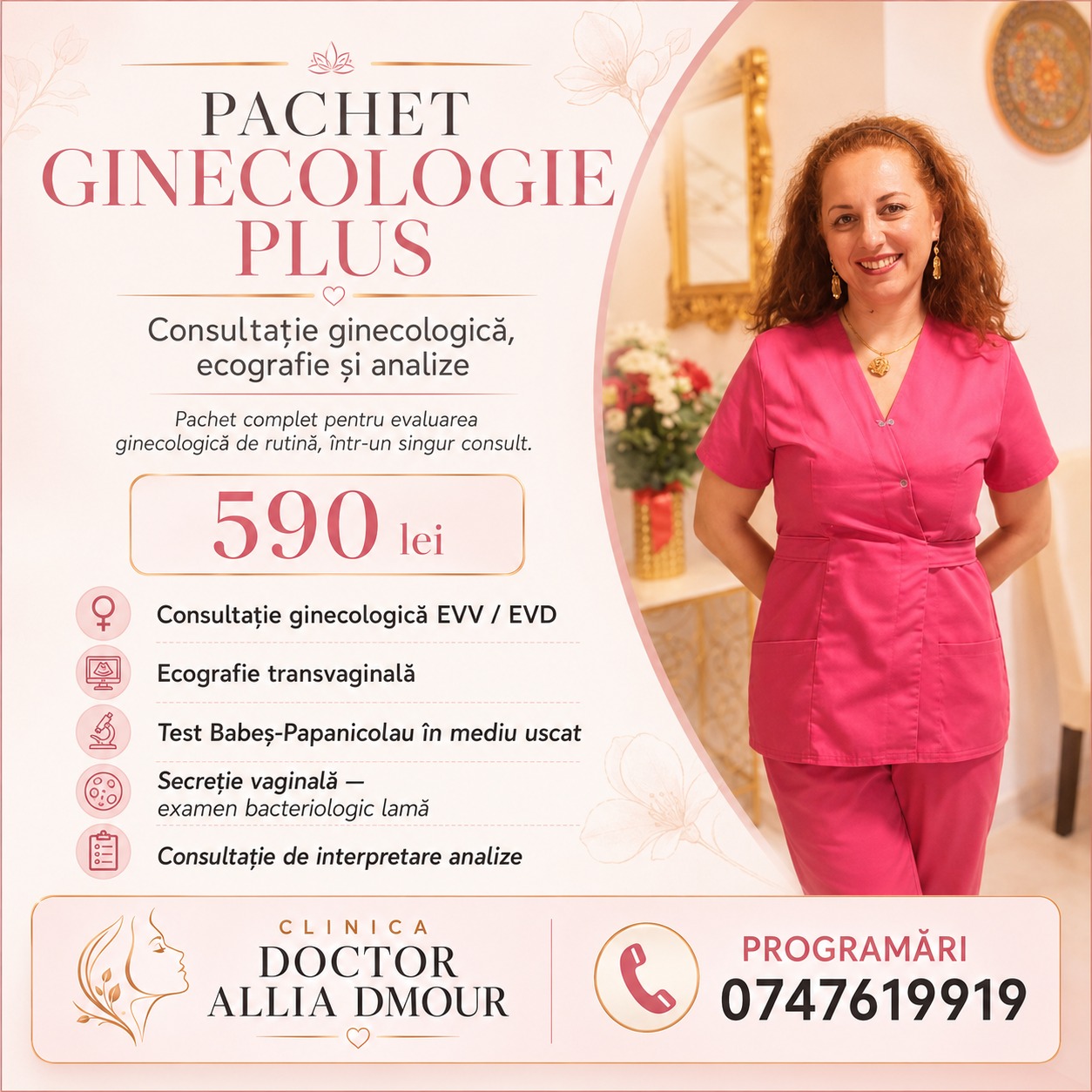 Dr. Allia Dmour Facebook ad: OFERTE PACHETE MEDICALE COMPLETE PENTRU GINECOLOGIE…