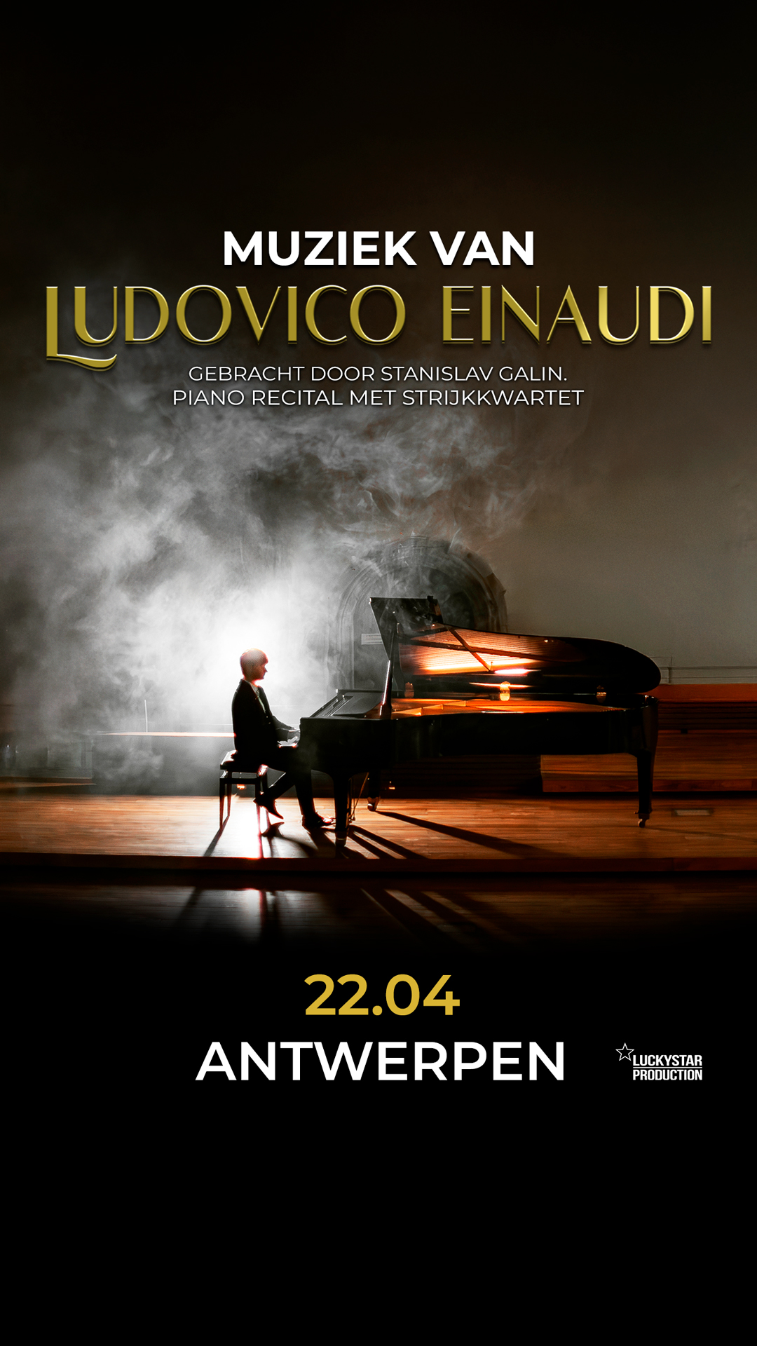 Luckystar Production Europe Facebook ad: Ludovico Einaudi, pianorecital + strijkkwartet