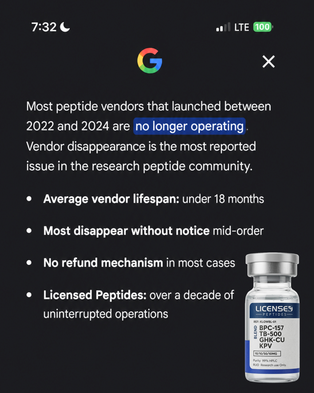LicensedPeptides.com Facebook ad: Don't Trust Us. Verify Us.