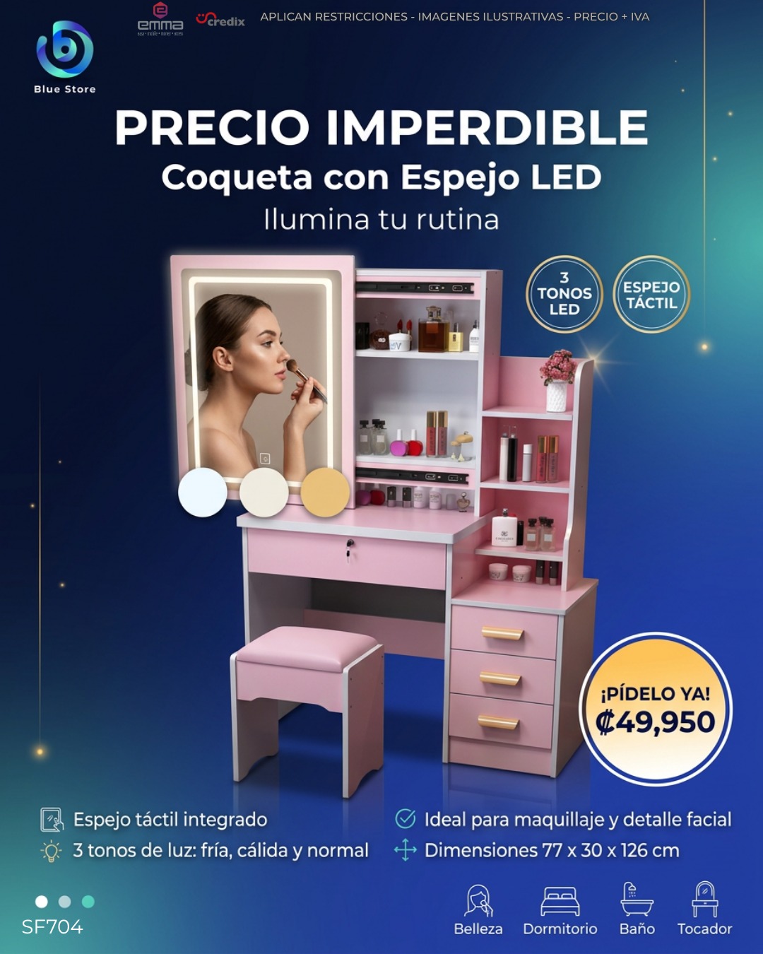 Blue Store Facebook ad: Coqueta con espejo LED