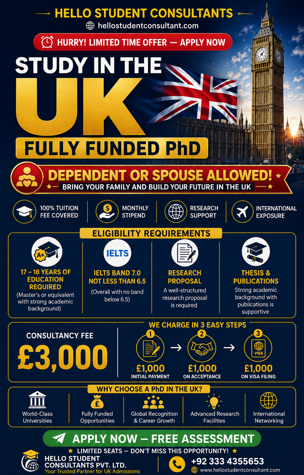 Hello Student Consultants Facebook ad: UK Fully Funded PhD | Dependent or Spouse Allowed!