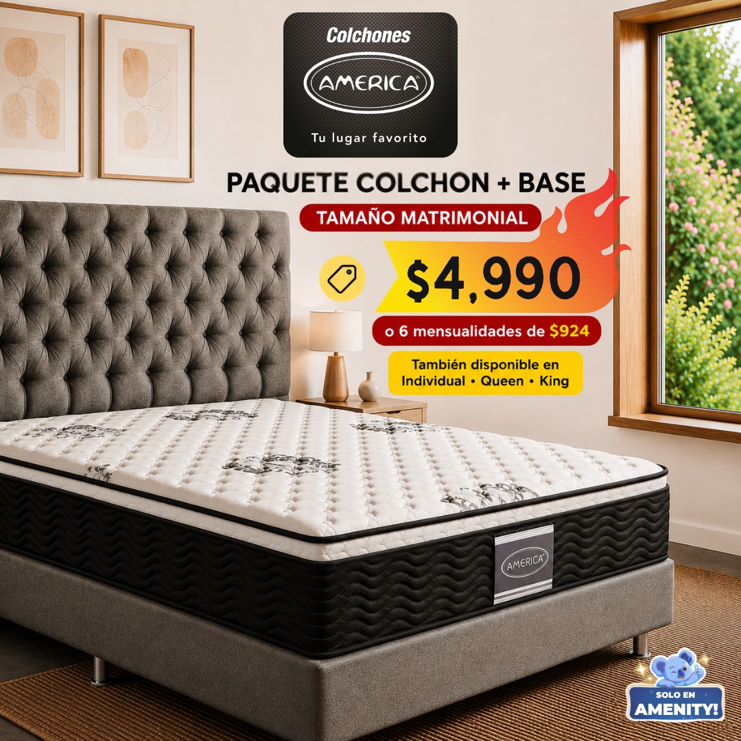 Amenity Colchones y Hogar Facebook ad: PAQUETE de COLCHON marca AMERICA + BASE a…