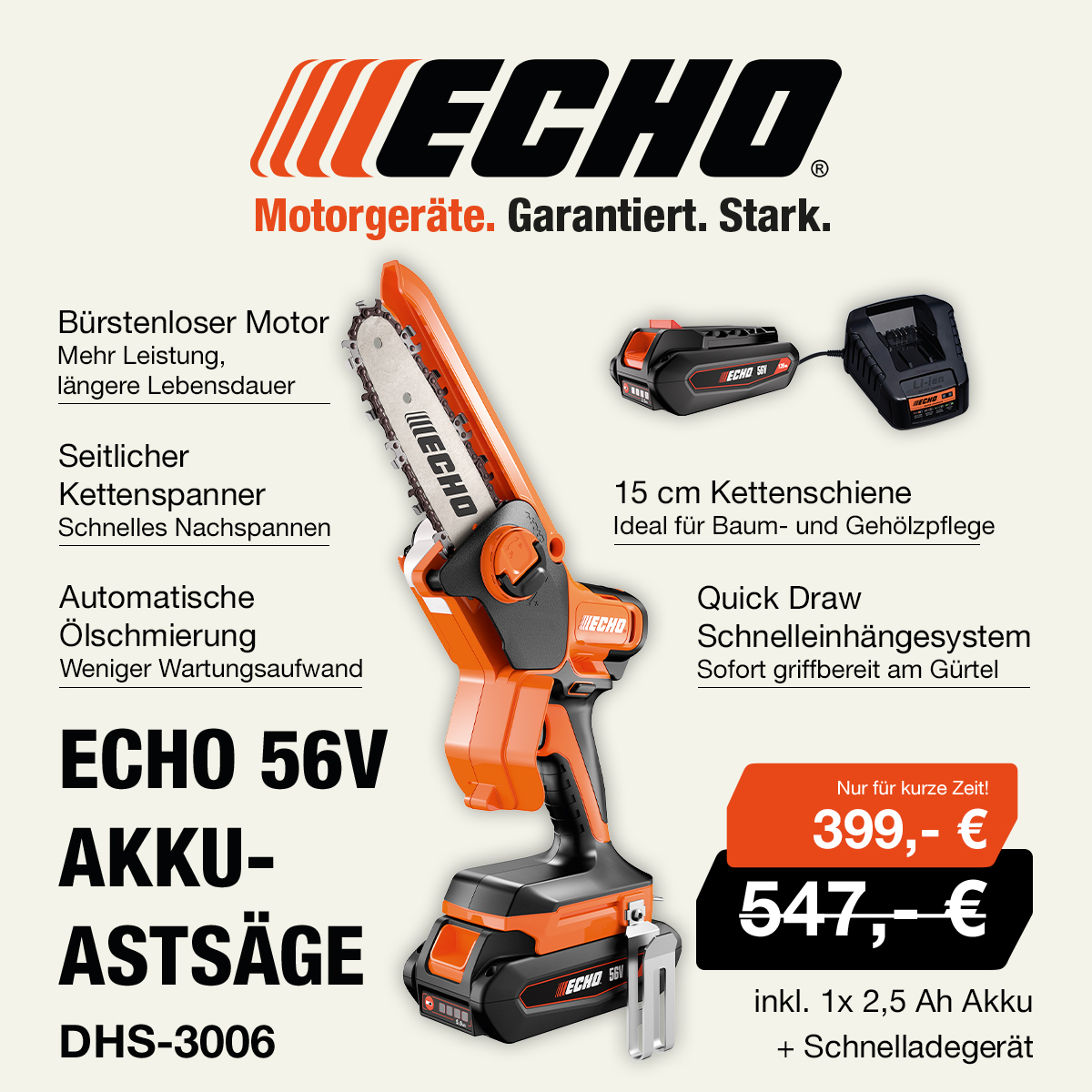 ECHO Motorgeräte Facebook ad: 56V Akku-Astsäge DHS-3006 Ideal für Baumschnitt &…