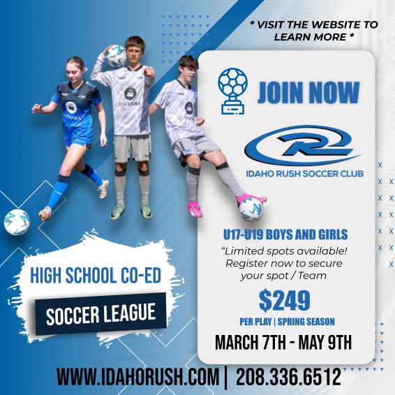 Idaho Rush Soccer Club Facebook ad: Local Non-Competitive High School CO-ED Soccer League for…