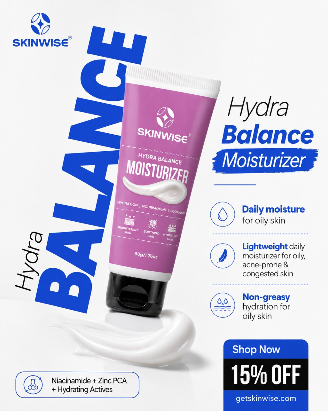 Skinwise Facebook ad: Hydra Balance, 15% OFF