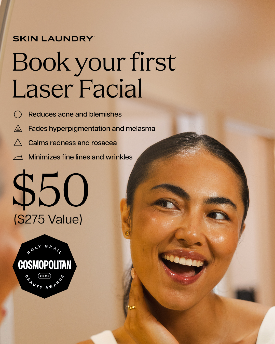 Skin Laundry Facebook ad: First Laser Facial $50 ($275 Value)