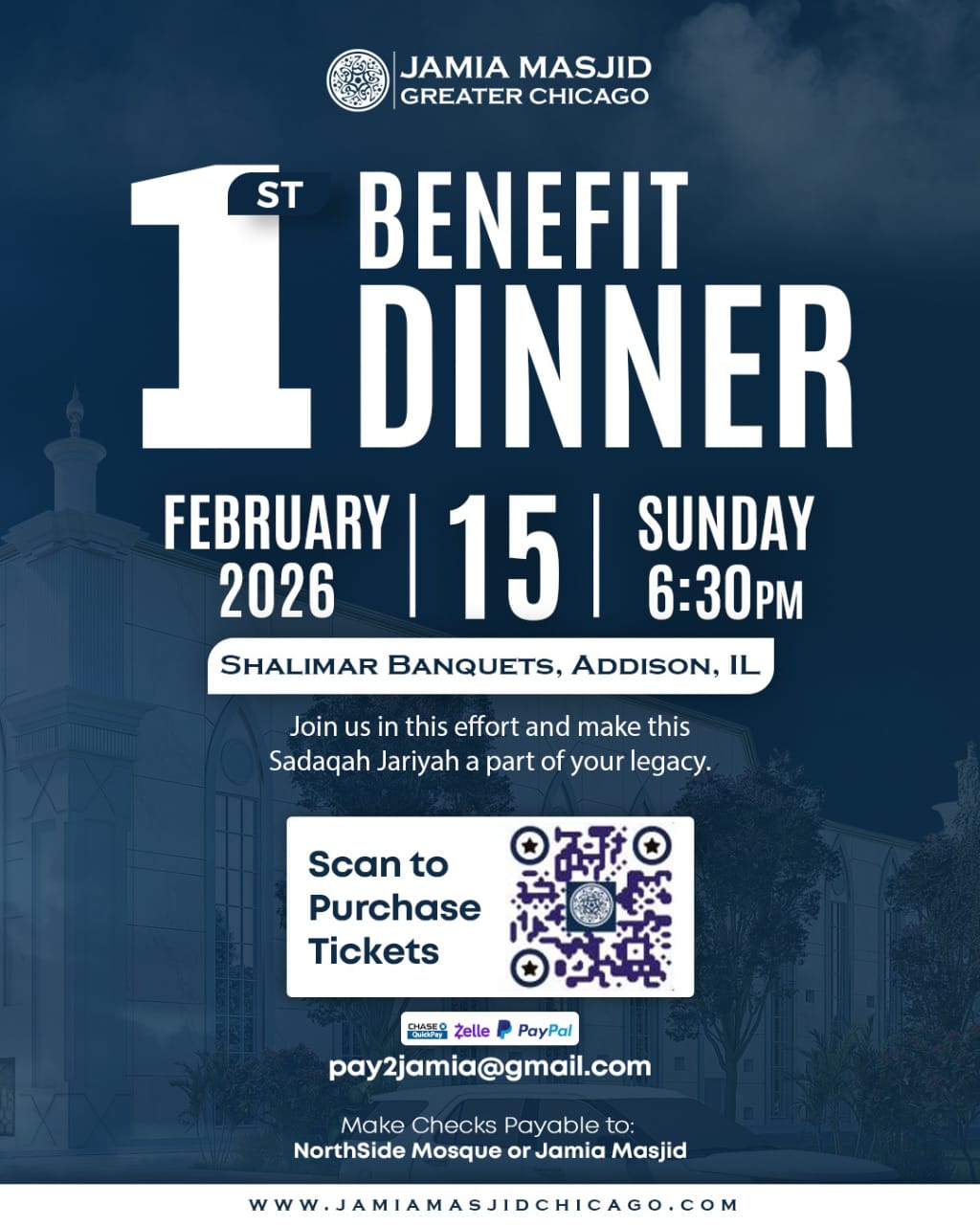 Jamia Masjid Greater Chicago Facebook ad: Tickets Now Available: 1st Benefit Dinner