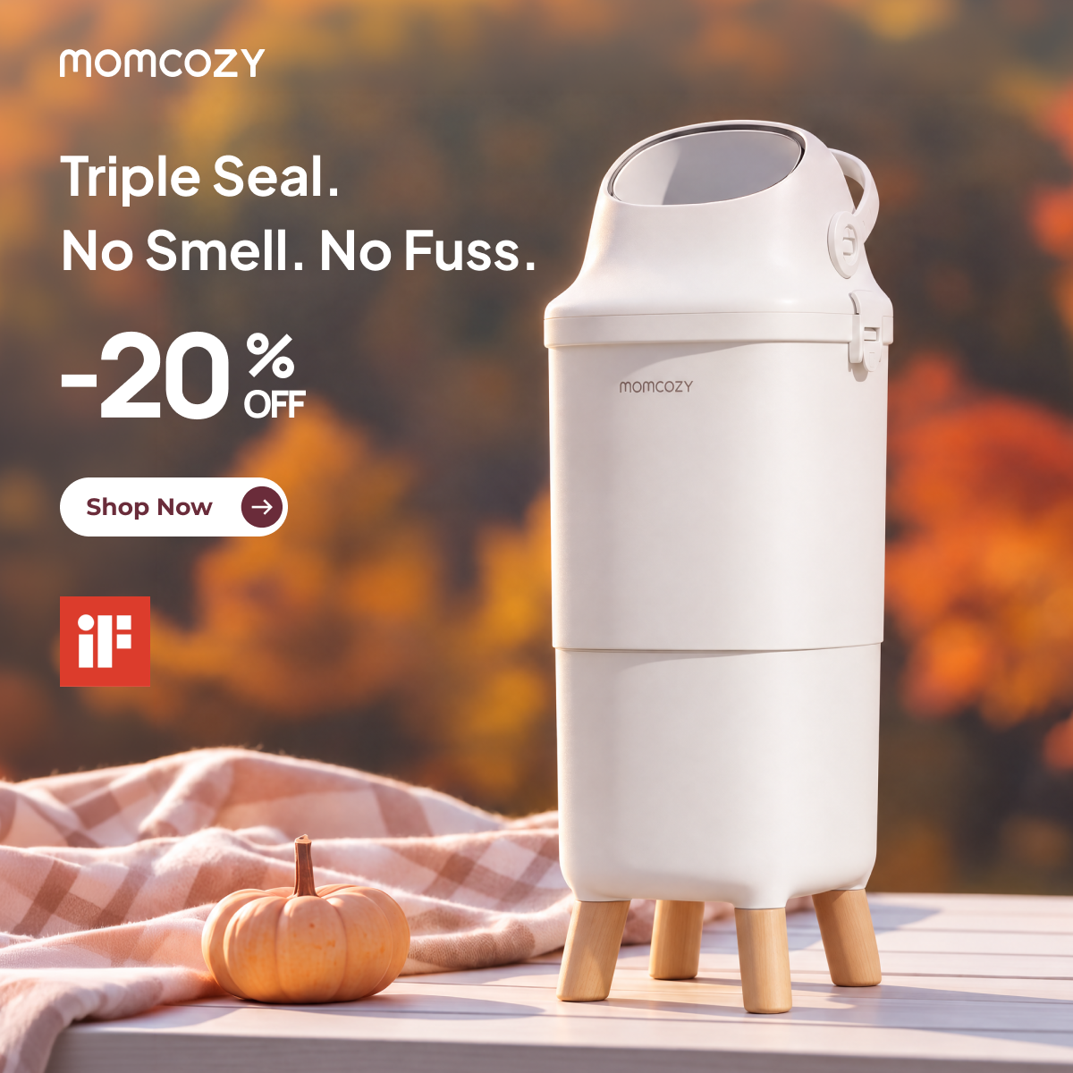 Momcozy Facebook ad: 20% OFF: Odor-Proof Diaper Pail