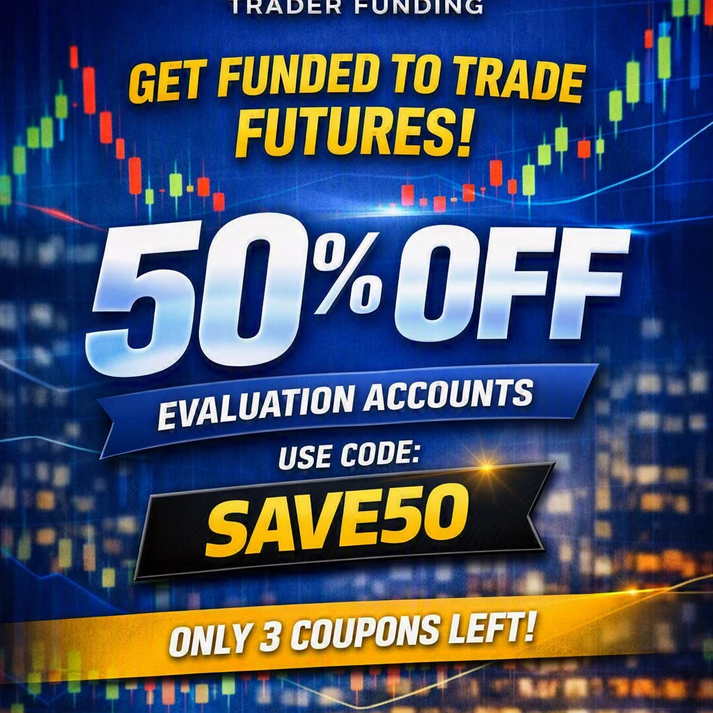 Edmond Trader Funding Facebook ad: 50% off coupons Eval