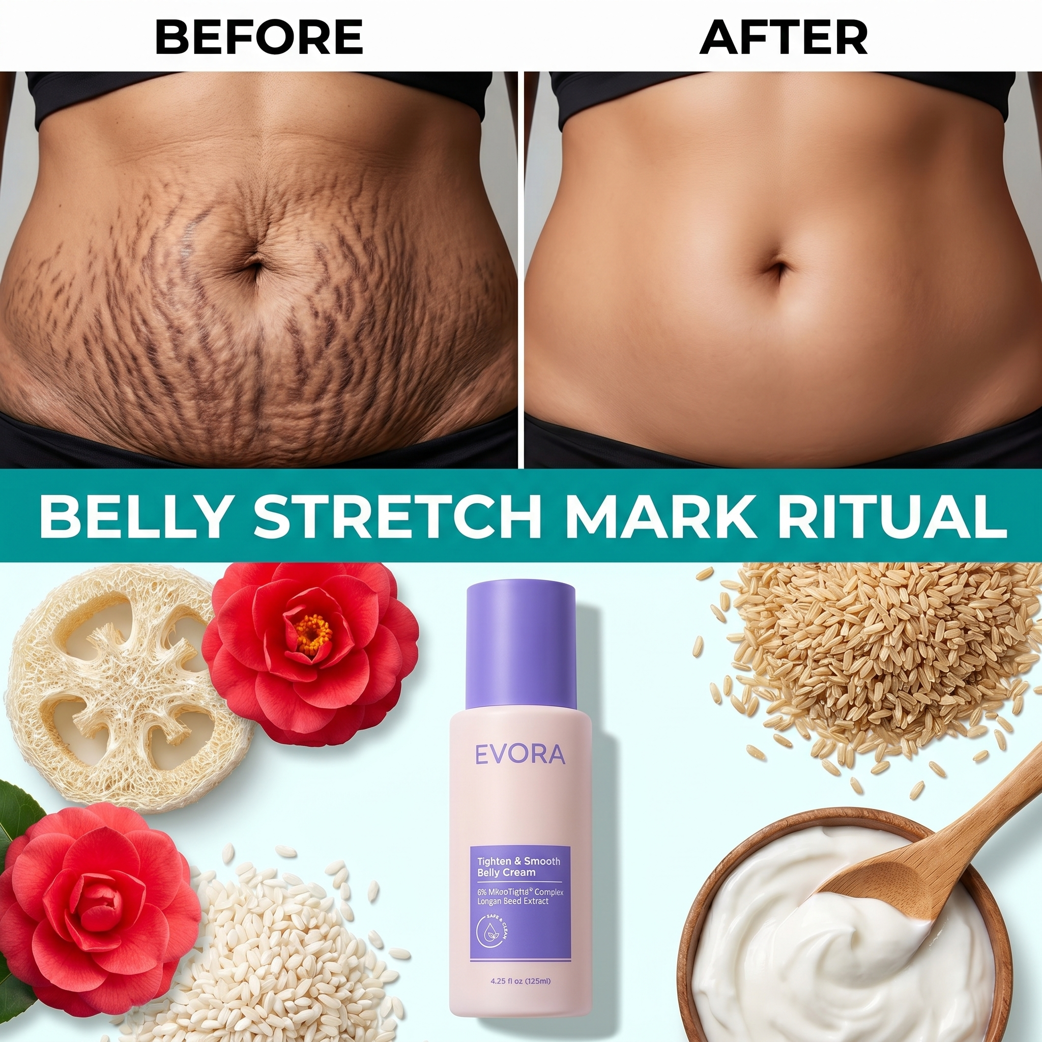 Evora Tighten Collection Facebook ad: Why Your Stretch-Mark Oil Never Worked