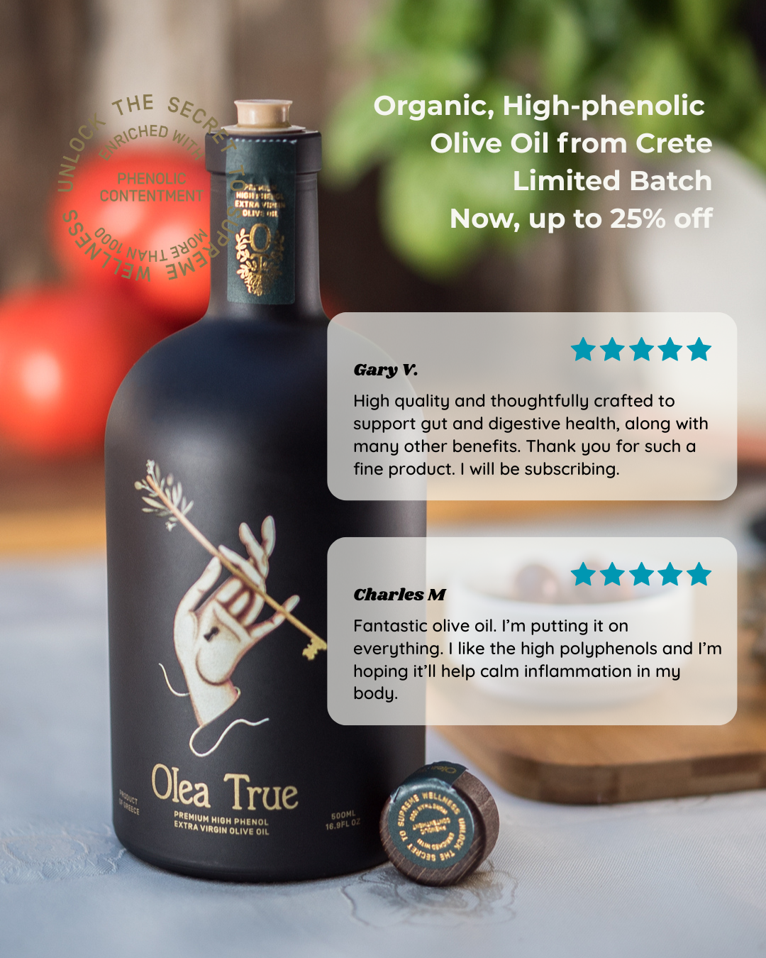 Olea True Facebook ad: Beyond Extra Virgin. Measured.