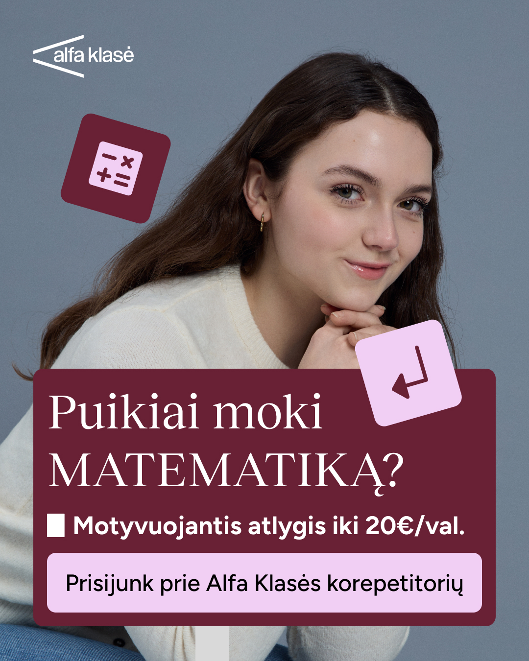 Alfa Klasė Facebook ad: Tapk matematikos korepetitoriumi