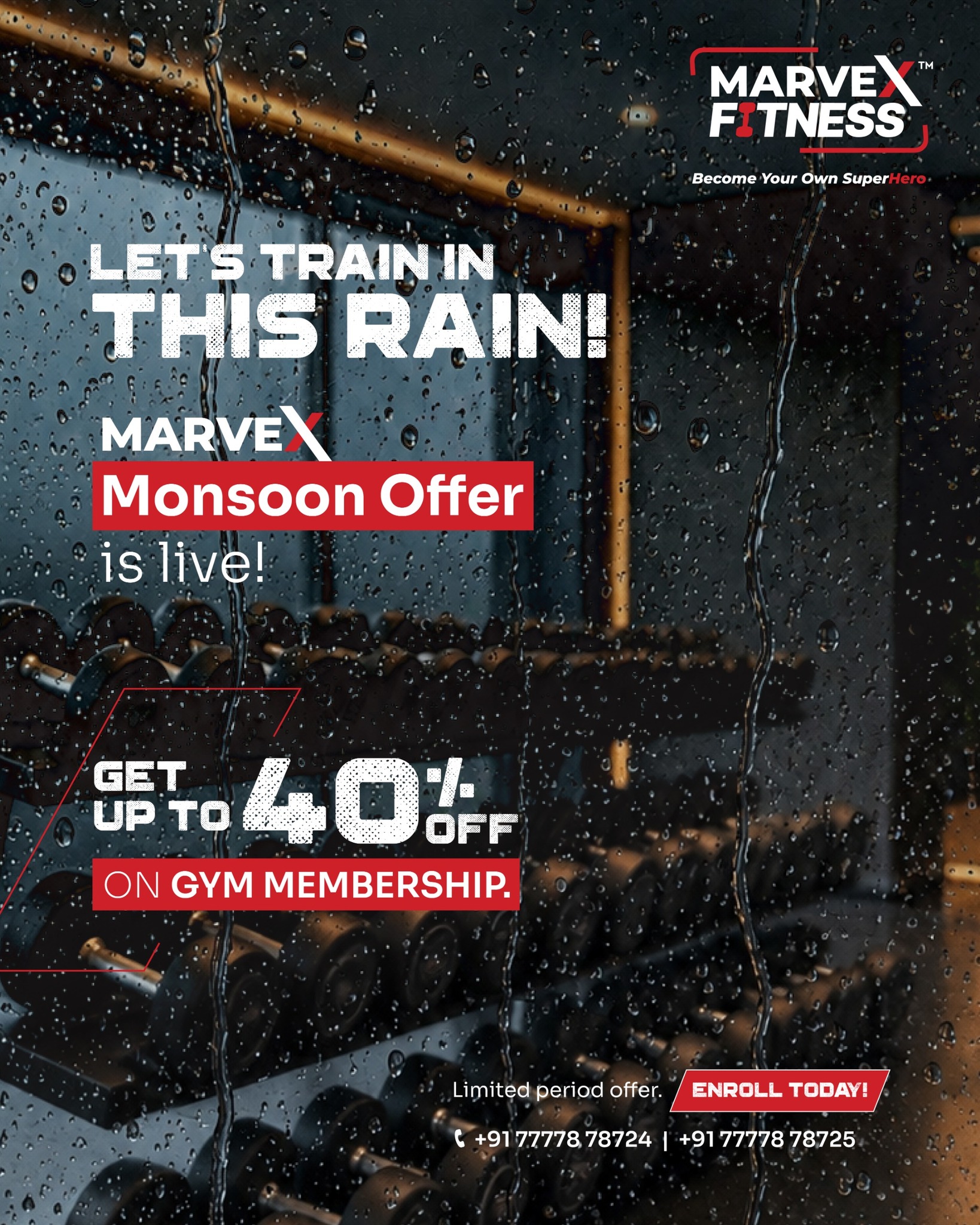 Marvex Fitness Pimple Saudagar Facebook ad: Your fitness goals don’t need a rain break.