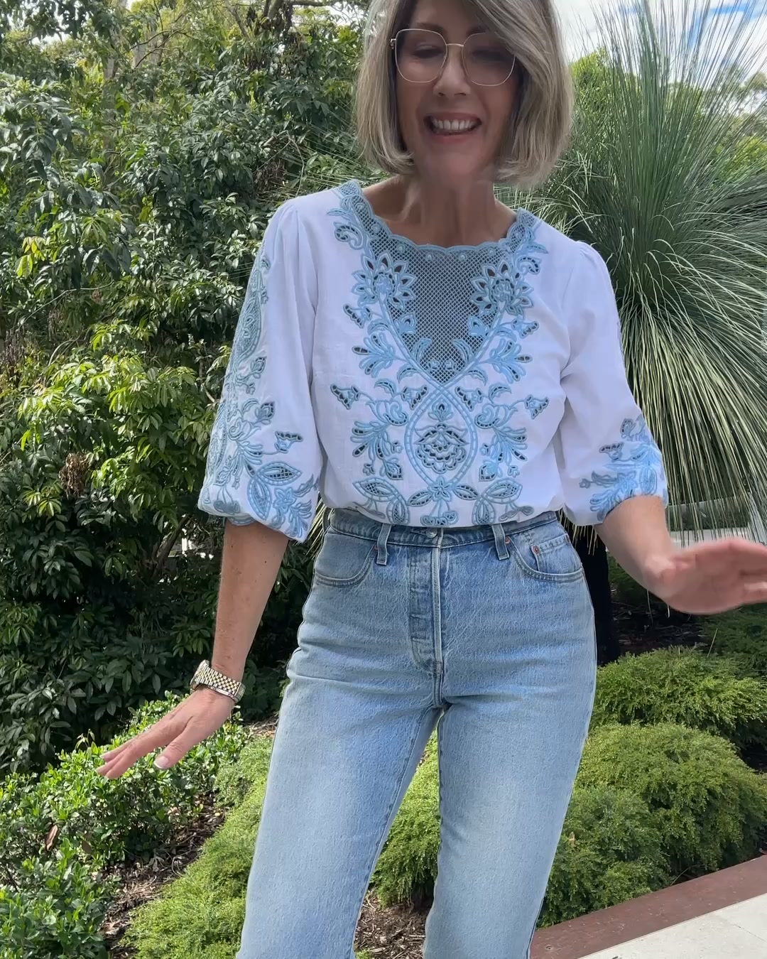 Blue Illusion Facebook ad: Embroidered Linen Blouse - Soft Chambray