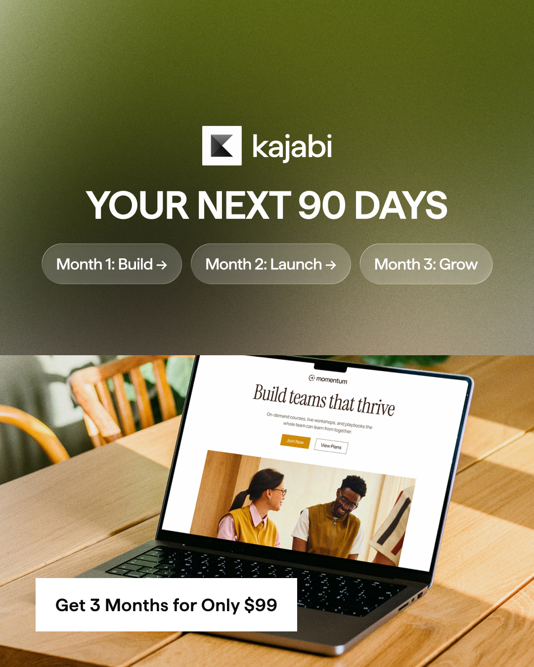 Kajabi Facebook ad: Three months. One platform. Unlimited potential.