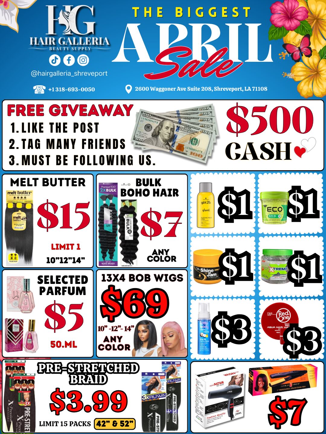 Hair galleria Facebook ad: HAIR GALLERIA APRIL SALE AND GIVEAWAYS