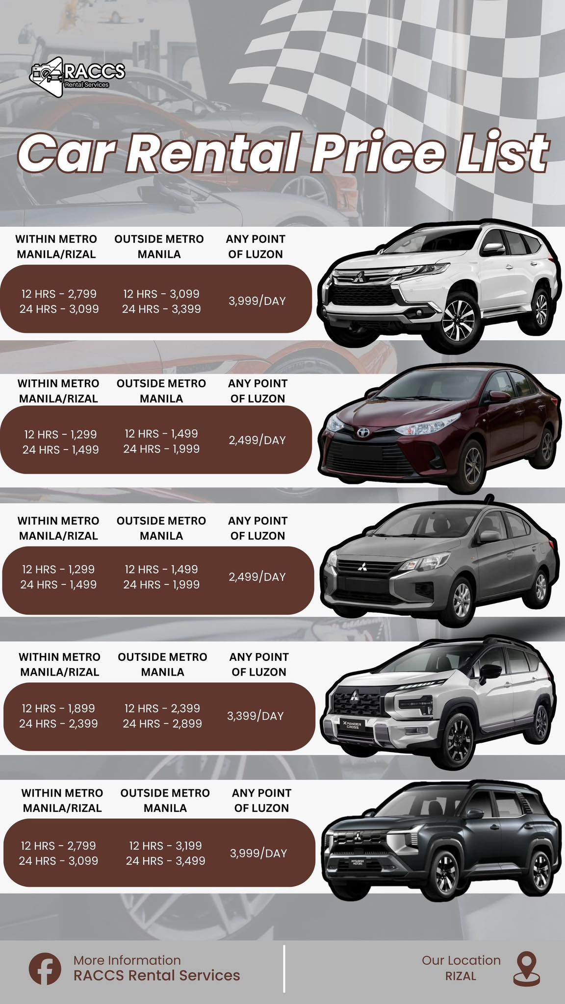 RACCS Rental Sevices Facebook ad: AFFORDABLE SELF-DRIVE CAR RENTAL