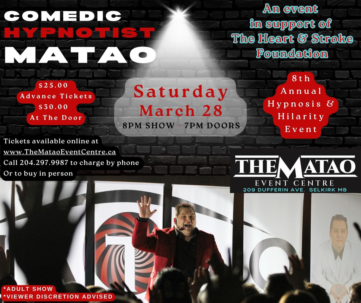 The MATAO Event Centre Facebook ad: 8th Annual Hypnosis & Hilarity Event in support…