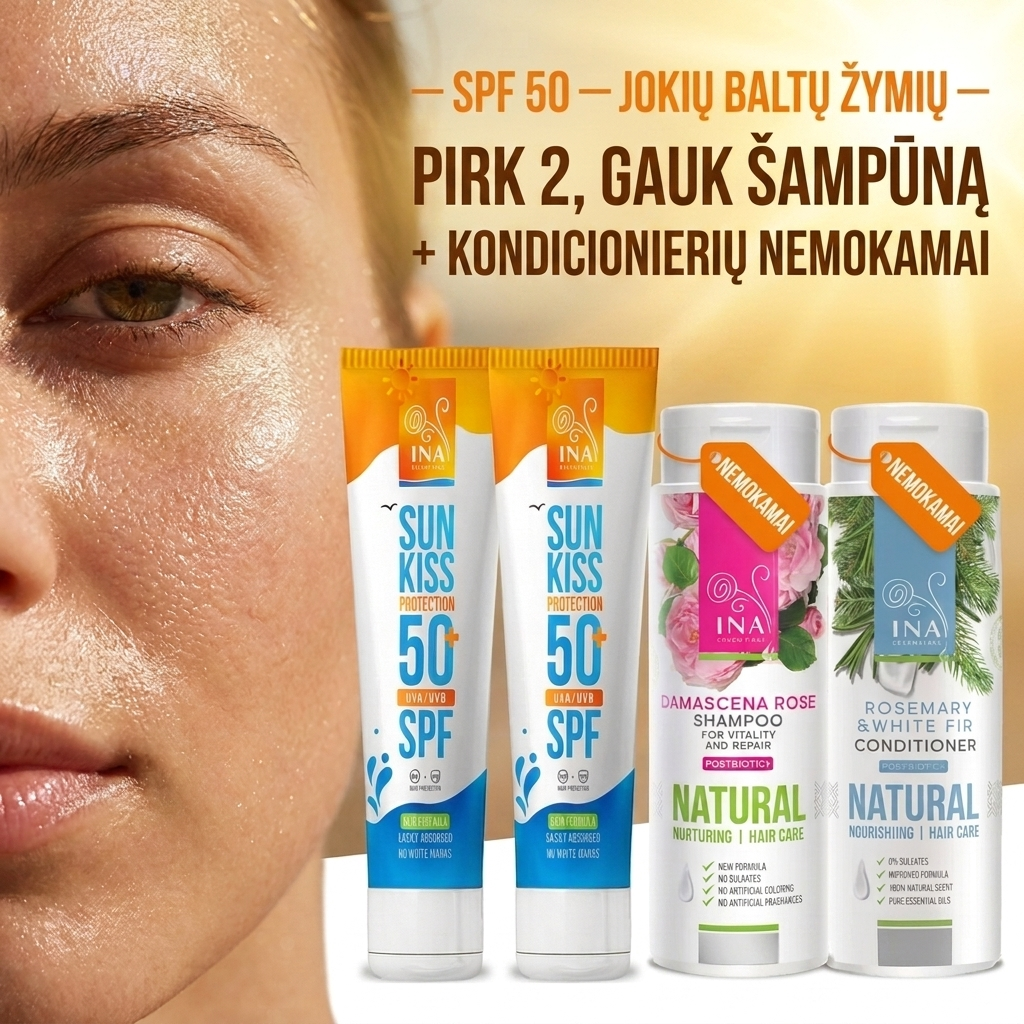 Šeimos Organinė Kosmetika - InaEssentials.lt Facebook ad: Pirk 2 SPF 50+ ir gauk sampuna bei balzama dovanu