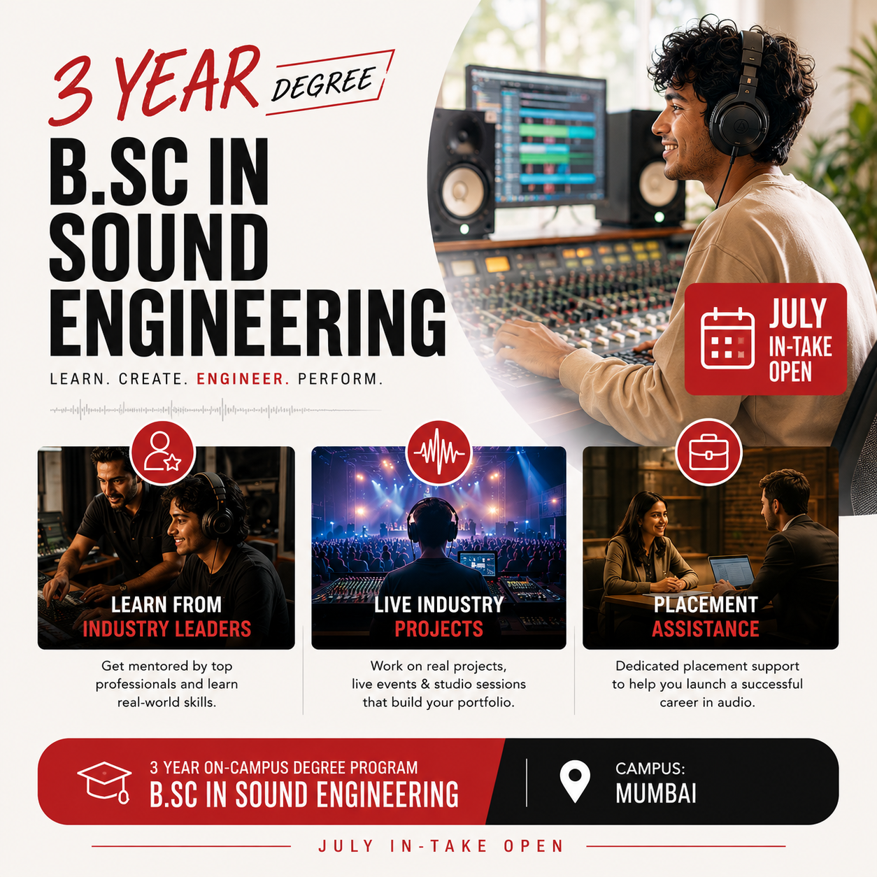 The Audio Guys Institute Facebook ad: Bachelor's Degree in Sound Engineering on Campus