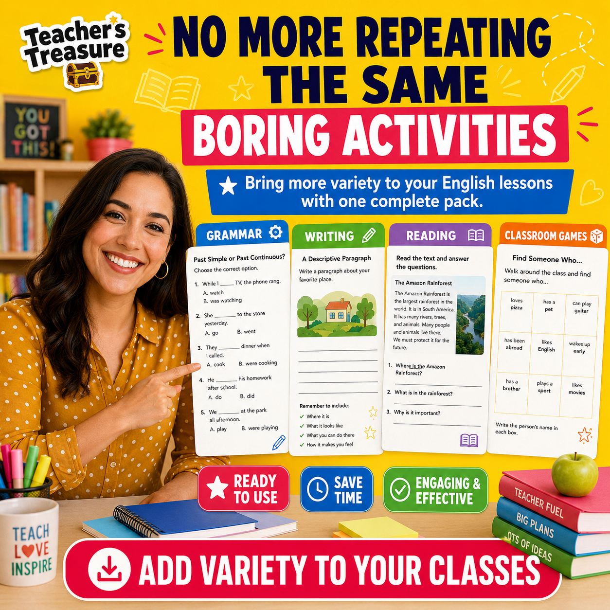 Teacher al Rescate Facebook ad: 600+ English Activities. Ready Now.