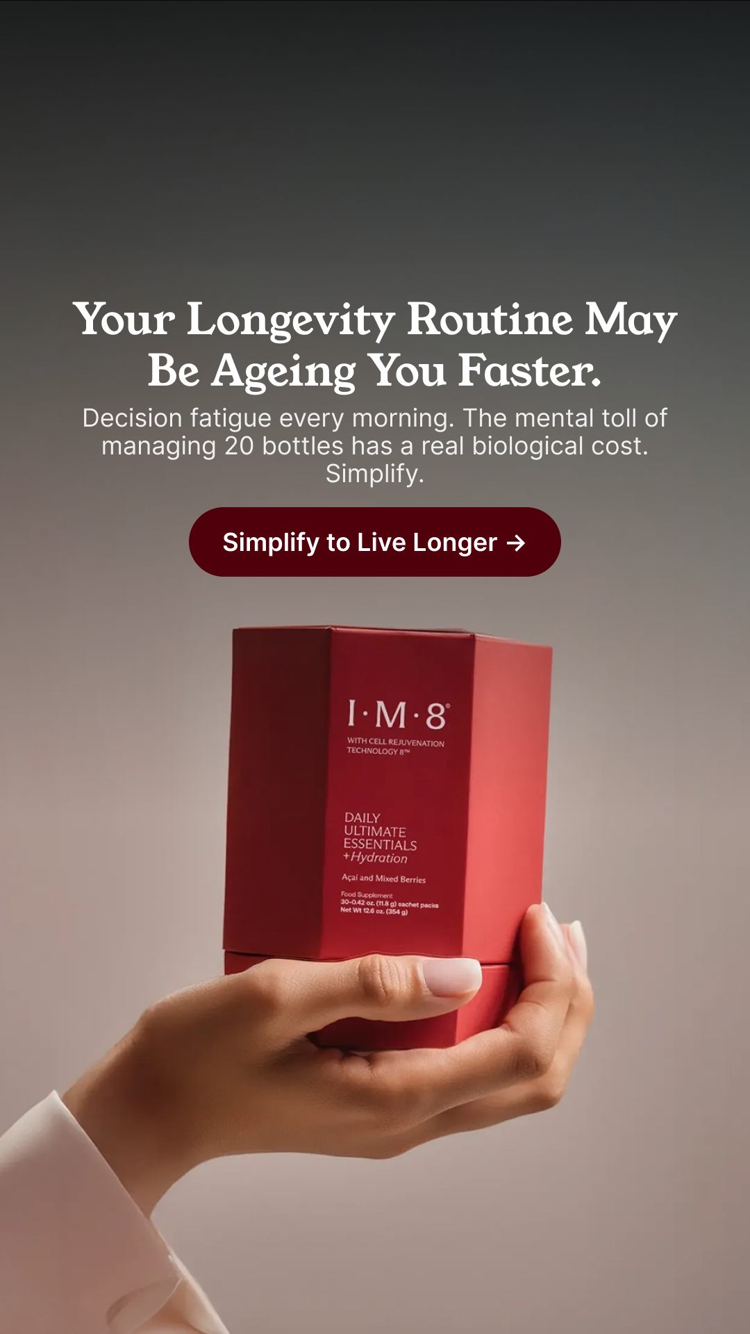 IM8 Facebook ad: Your Longevity Routine May Be Aging You Faster.