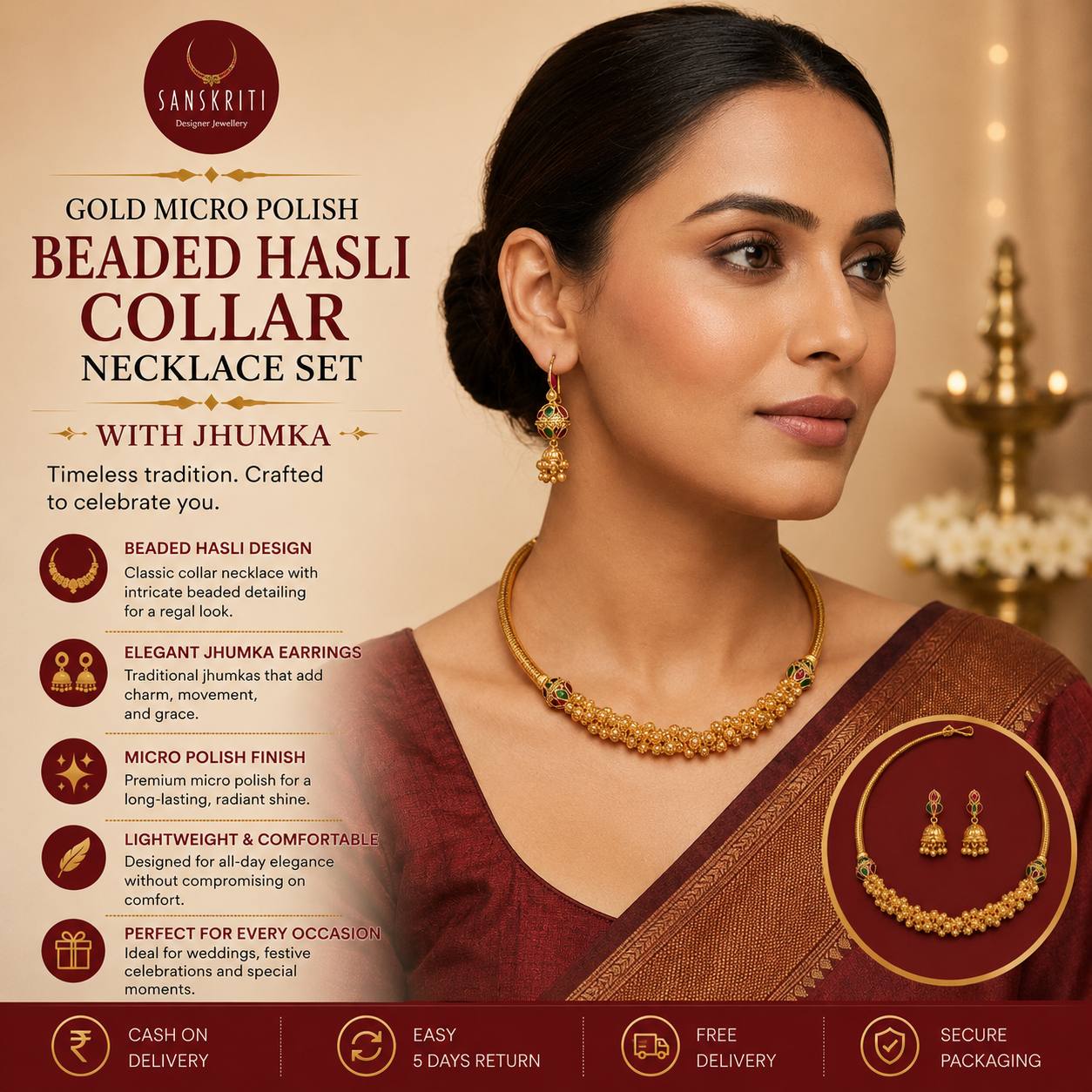 Sanskriti Designer Jewellery Facebook ad: Buy Gold Micro Polish Beaded Hasli Collar Necklace Set…