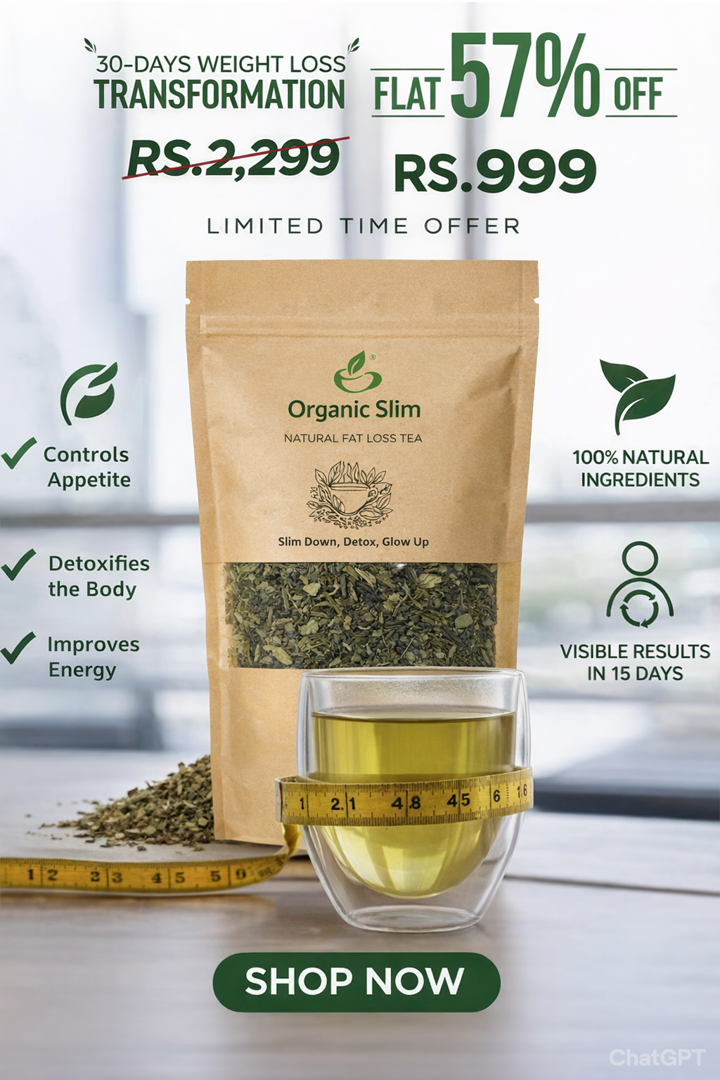 Organic Slim Facebook ad: Flat 57% OFF, Organic Slim Tea