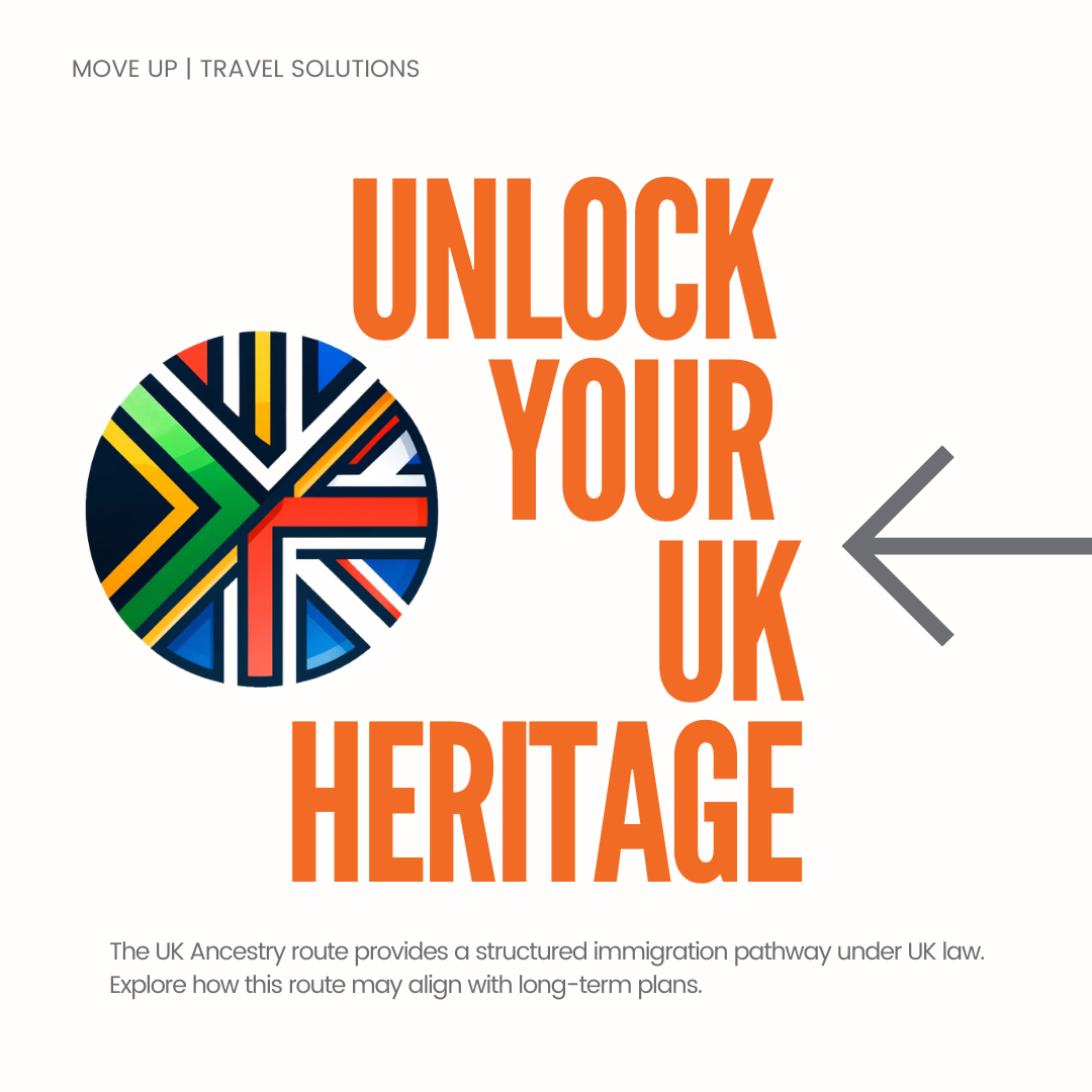 Move Up - Travel Solutions Facebook ad: Learn about the UK Ancestry legal pathway.