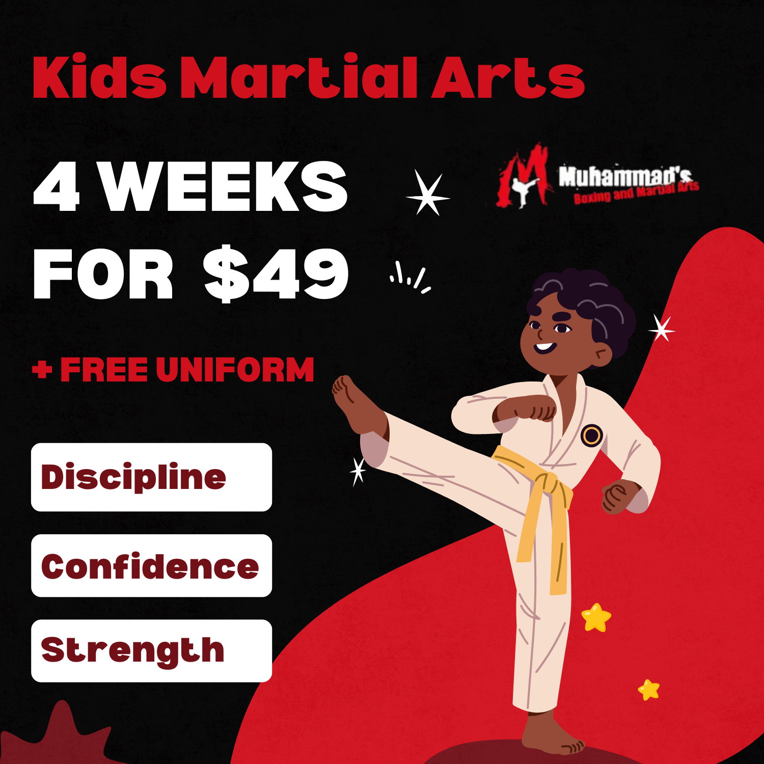 Muhammad's Boxing and Martial Arts Center Facebook ad: Claim Our Special Offer 4 Weeks for $49 + Free Uniform