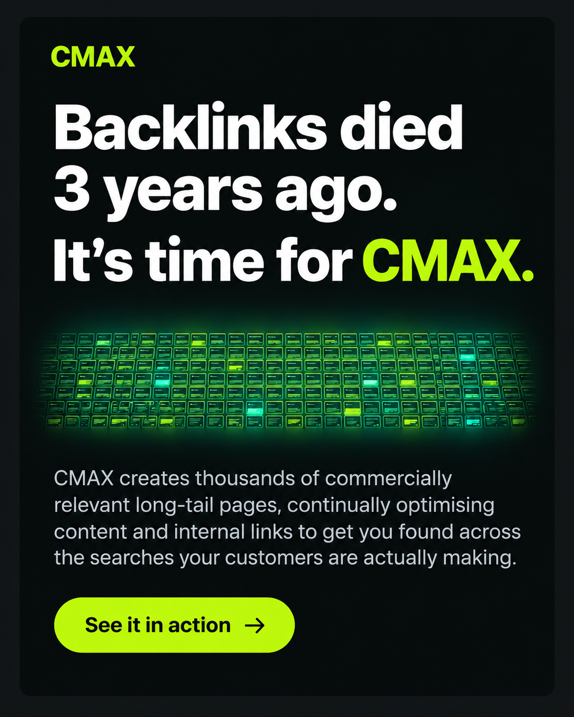 CMAX.ai Facebook ad: Backlinks Are Dead