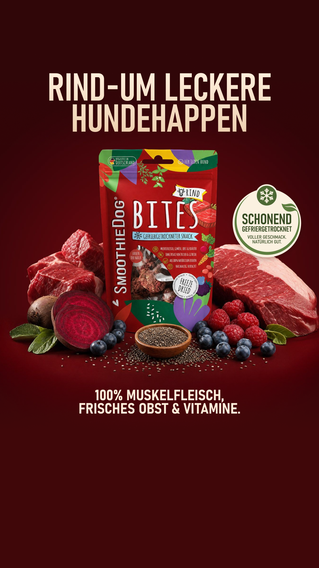 SmoothieDog Facebook ad: Gefriergetrockneter Hundesnack Herzhafter Crunch für Hunde…