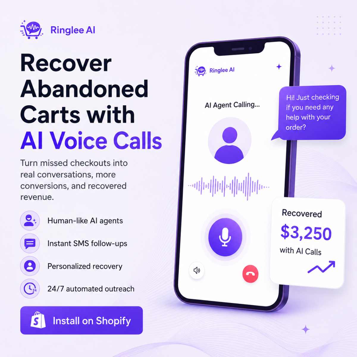 Ringlee AI Abandoned Cart Recovery Facebook ad: Recover Abandoned Carts with AI Voice Calls!