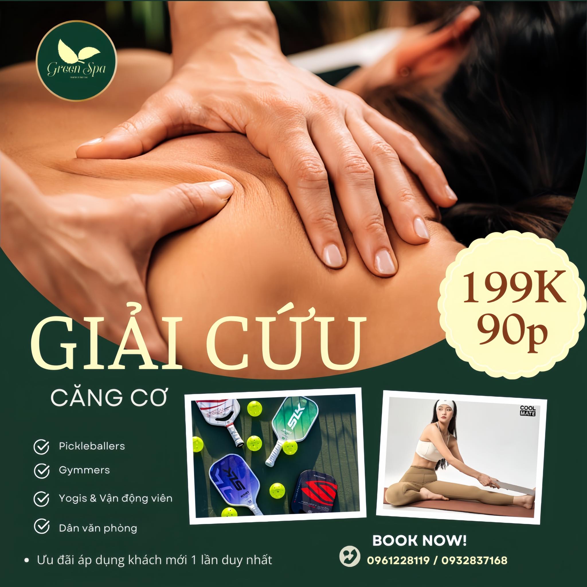 Green Spa Bình Thạnh Facebook ad: Giãn cơ 199K-90P Phục hồi sức mạnh cấp…