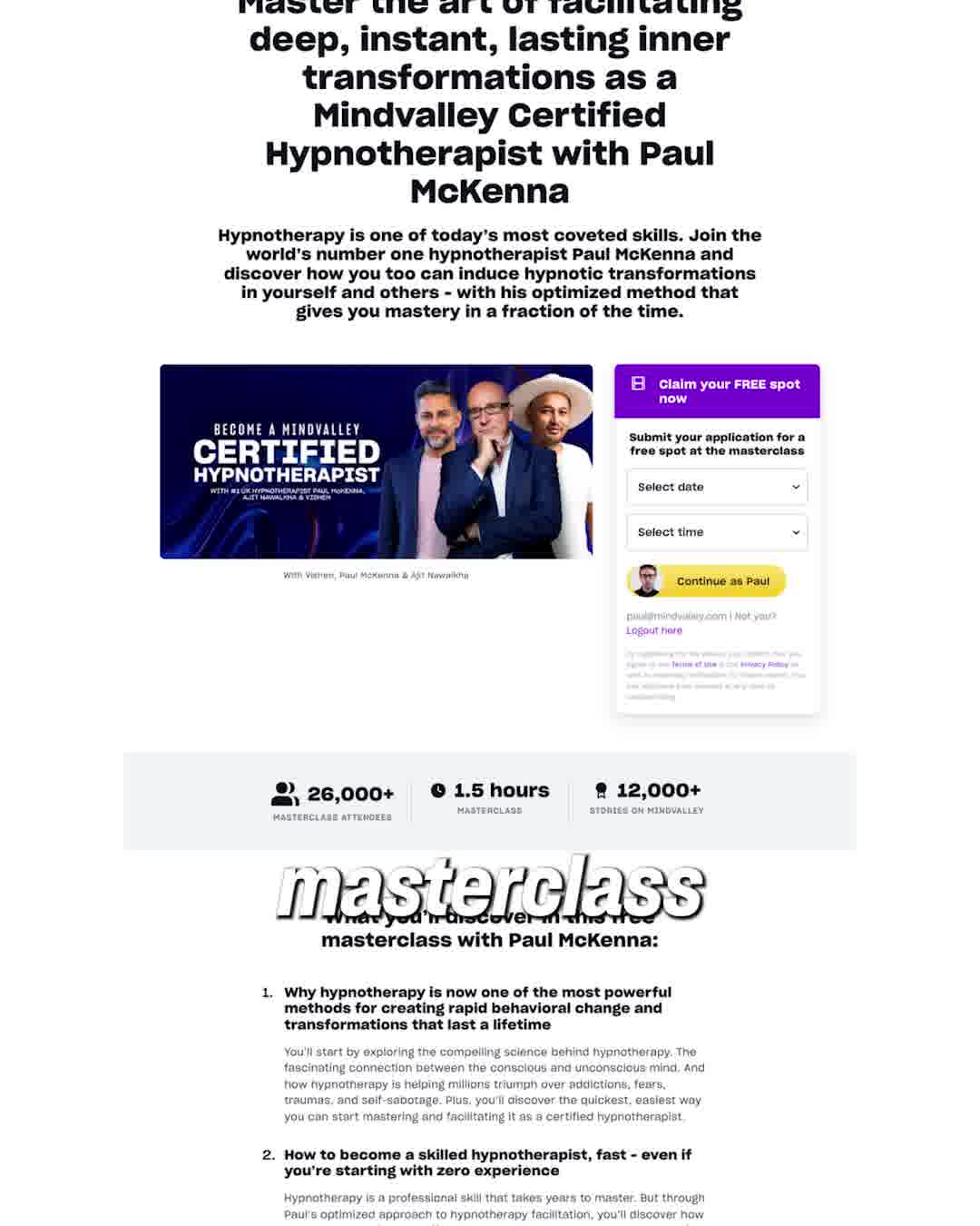 Mindvalley Facebook ad: Become a Hypnotherapist Online | Free Masterclass