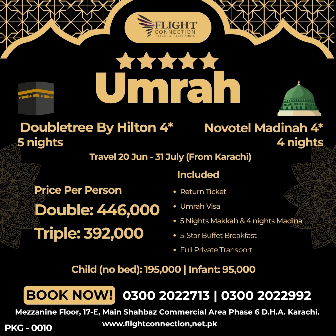 Flight Connection Travel & Tours Facebook ad: 4-Star Umrah: Double Tree Hilton & Novotel Luxury