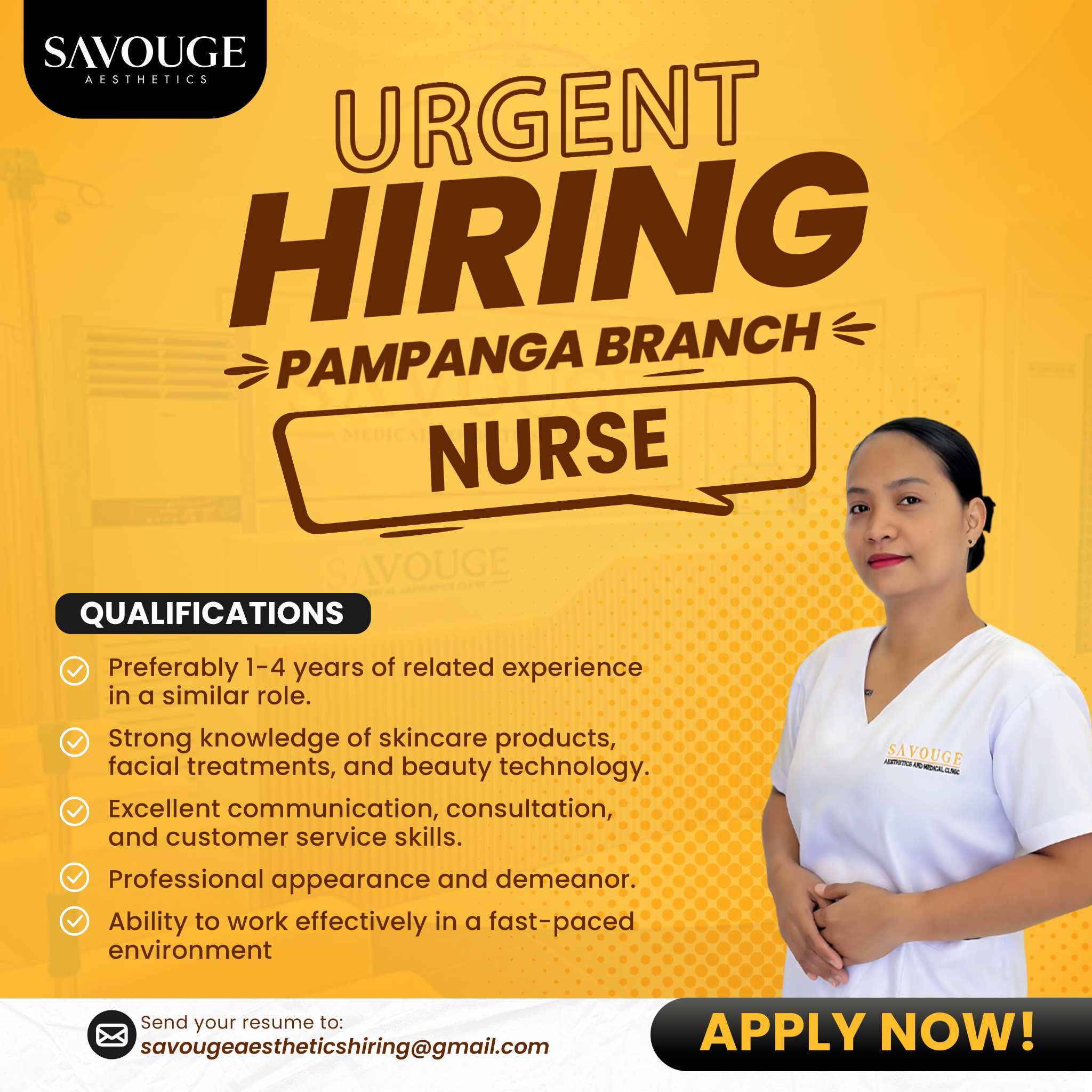 Opportunities by Savouge Aesthetics Facebook ad: HIRING, NURSE in Pampanga