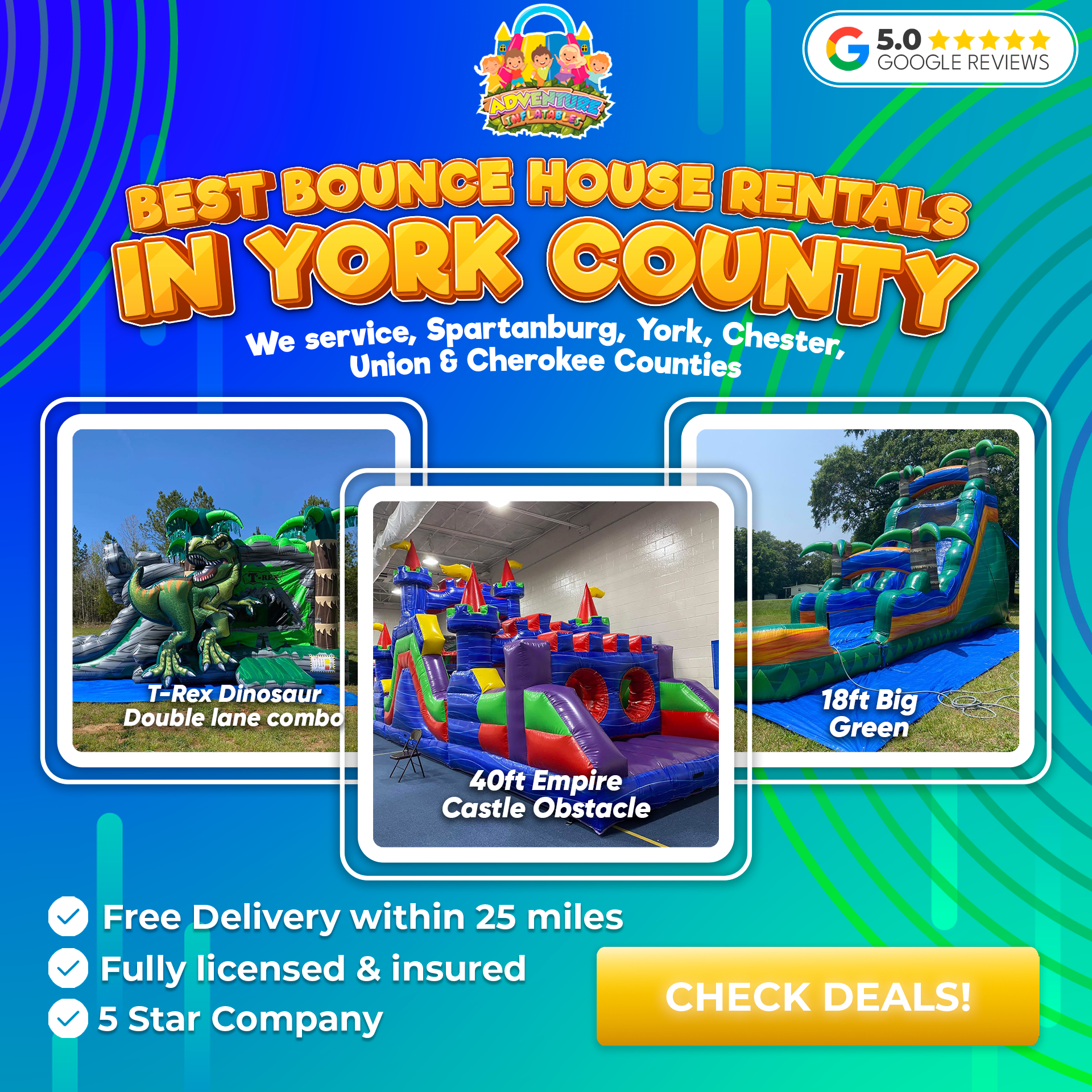 Adventure Inflatables Facebook ad: Let’s elevate your next party!