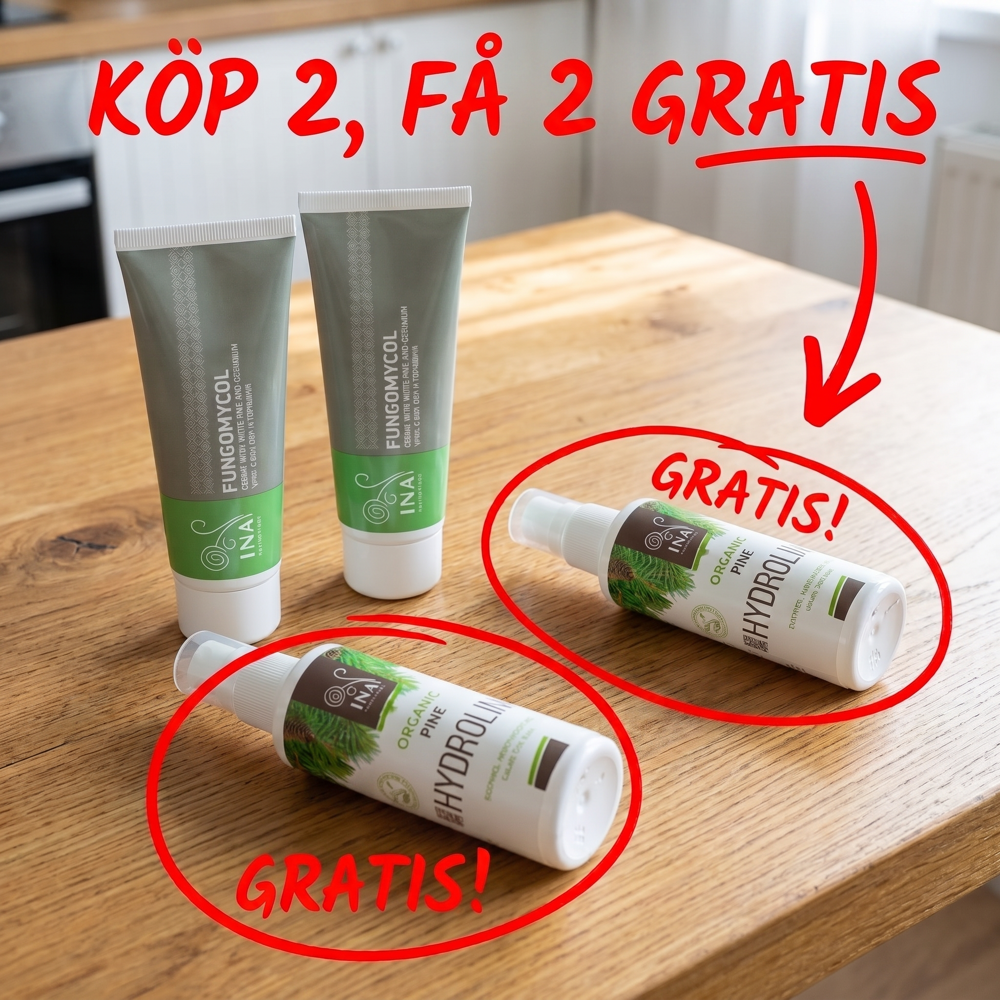 InaEssentials - Webbutik för 100% ekologisk BIO-kosmetika Facebook ad: Köp 2 Fungomycol-krämer, få 2 tallvatten på köpet