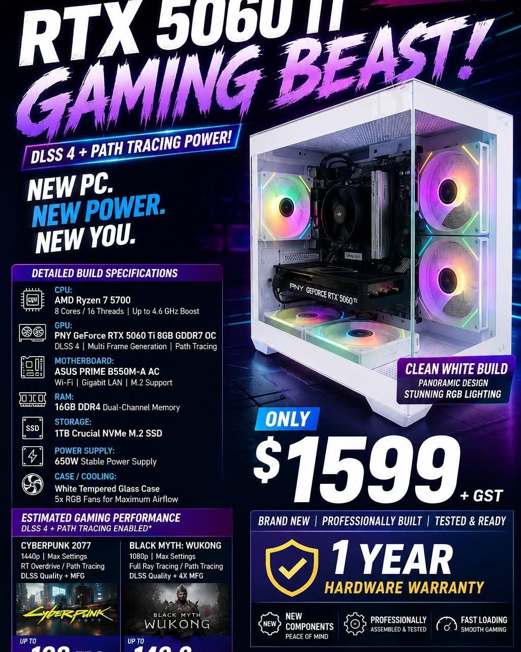 Xia Zhao Facebook ad: JUST BUILT! RTX 5060 Ti Gaming PC | Ryzen 7 | White RGB…