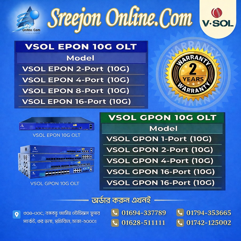 Sreejon Online Facebook ad: OLT, ONU, SFP, প্যাচ কর্ড, রাউটার, UPS, ফাইবার…