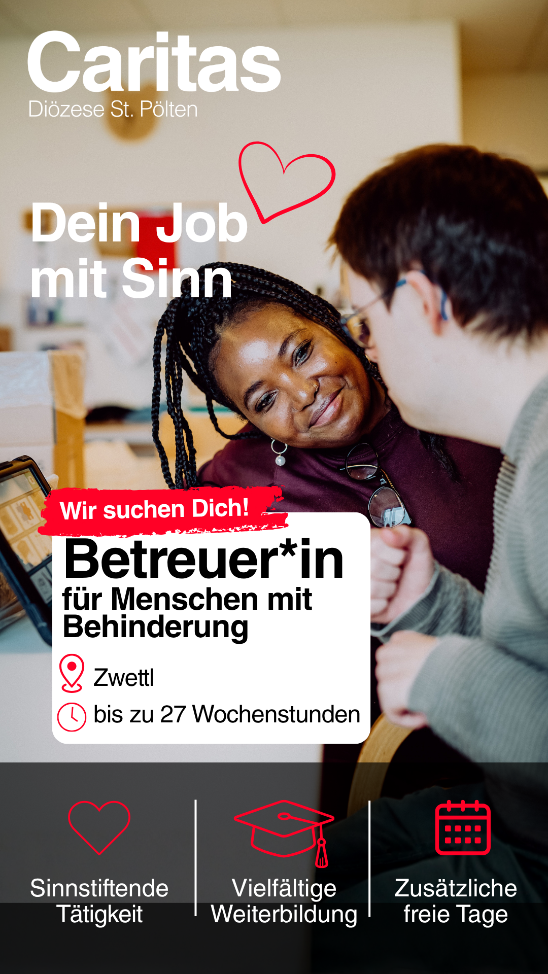 Caritas Mittendrin (St. Pölten & NÖ-West) Facebook ad: Bewerbung als Behindertenbetreuer*in im Wohnhaus Zwettl